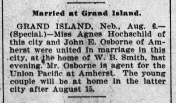 Agnes Hochshild weds John E Osborne